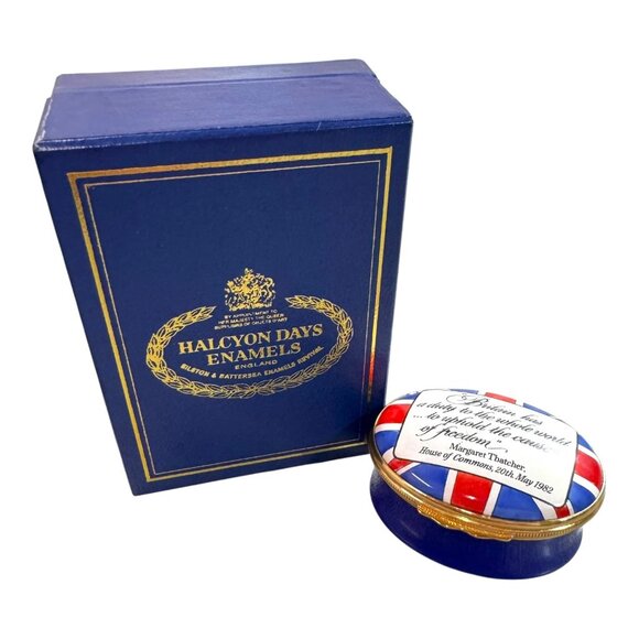 Halcyon Days Enamel Box Union Jack & Margaret Thatcher Quote 1982 Atlantic Fund - Picture 2 of 9